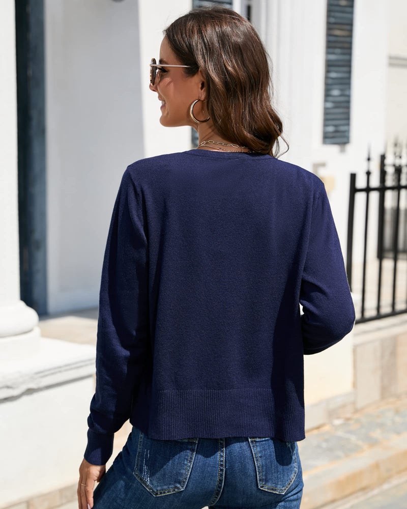 Newshows Women's 2026 Cardigan Spring Lightweight Business Work Casual Long Sleeve Cotton Crew Neck Soft Knit Shrug Sweater Trendy(Navy,X-Large) - Image 4